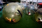 Children play in giant inflatable balls on a lake in the White Horse Sculpture Park in Nanjing, China.