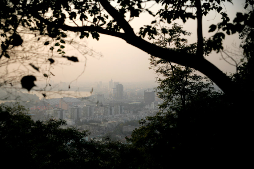 A hazy view of Nanjing, China, is visible through trees on the Purple-Gold Mountain.
