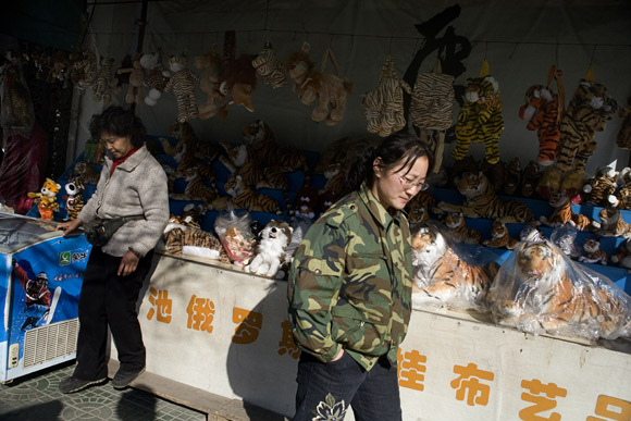 Souvenir vendors stand outside a kiosk selling stuffed tigers and other toys at the Siberian Tiger Park in Haerbin, Heilongjiang, China. Souvenir vendors stand outside a kiosk selling stuffed tigers and other toys at the Siberian Tiger Park in Haerbin, Heilongjiang, China.