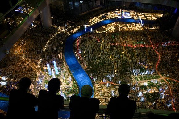 The Shanghai Urban Planning Museum exhibits a scale model of the Shanghai cityscape in Shanghai, China.
