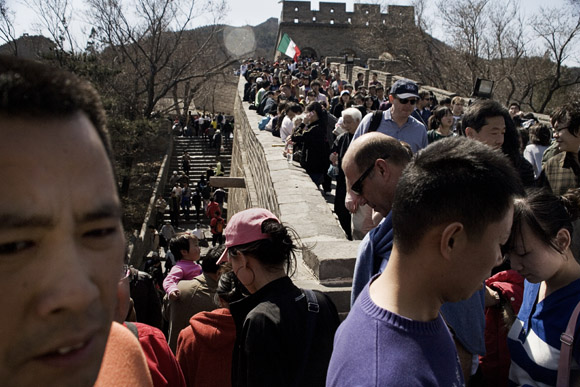 Tourists ascend the Great Wall at Badaling outside of Beijing, China.