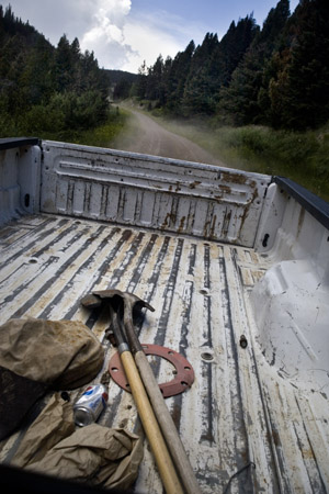 Work equipment lays in the back of a Forest Service truck outside Butte, Montana, USA.