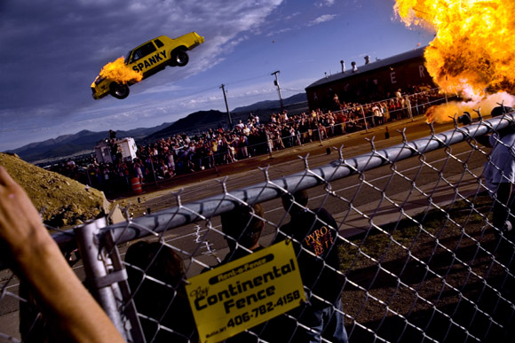 Spanky Spangler comes up short on a 200-foot daredevil jump at the culmination of Evel Knievel Days in Butte, Montana, USA.  Spangler survived the crash.