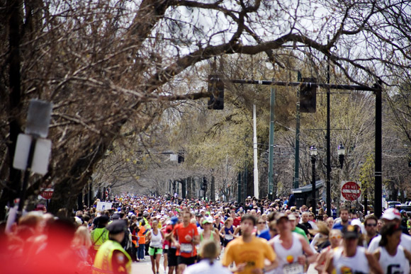 Competitors run in the 2011 Boston Marathon in Boston, Massachusetts, USA.