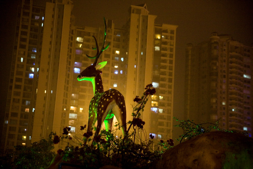 A statue resembling Pere David's Deer decorates a shopping mall parking lot in Haikou, Hainan, China.